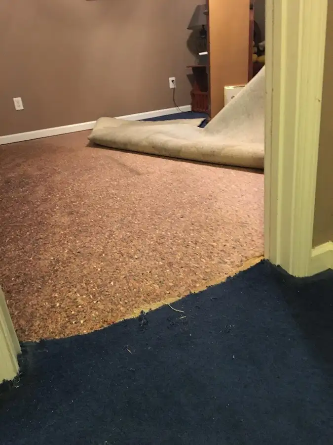 Carpet pad removal revealing water damage during Drying & Dehumidification in Scott